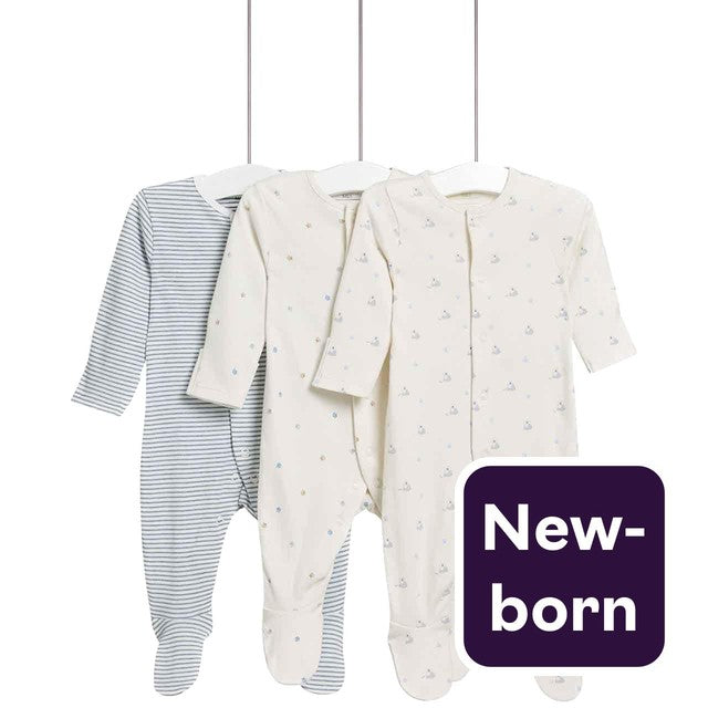 M&S blue dog print sleepsuit 3 pack newborn, imported from the UK