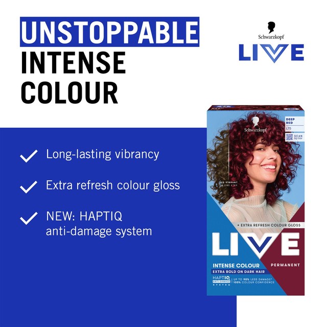 Schwarzkopf LIVE Intense Colour L75 Deep Red permanent hair dye (British brand)