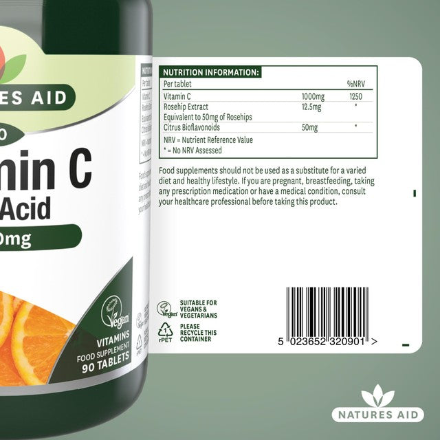 Natures Aid Low Acid Vitamin C 1000mg Tablets, imported from the UK