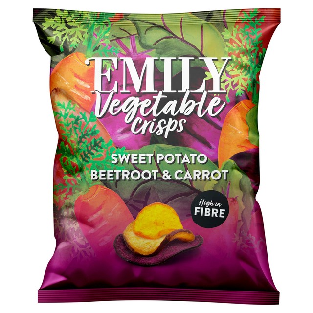 Emily Veg Crisps Rainbow Roots Sweet Potato, Carrot & Beetroot vegetable crisps 30g - British product