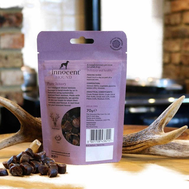 The Innocent Hound sliced venison sausage dog treats 70g (British brand)