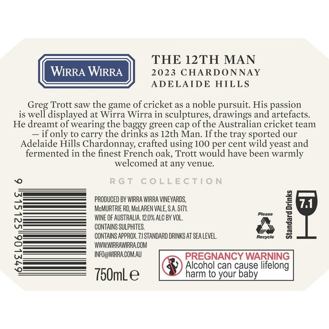 Wirra Wirra 12th Man Adelaide Hills Chardonnay wine 75cl (British brand)
