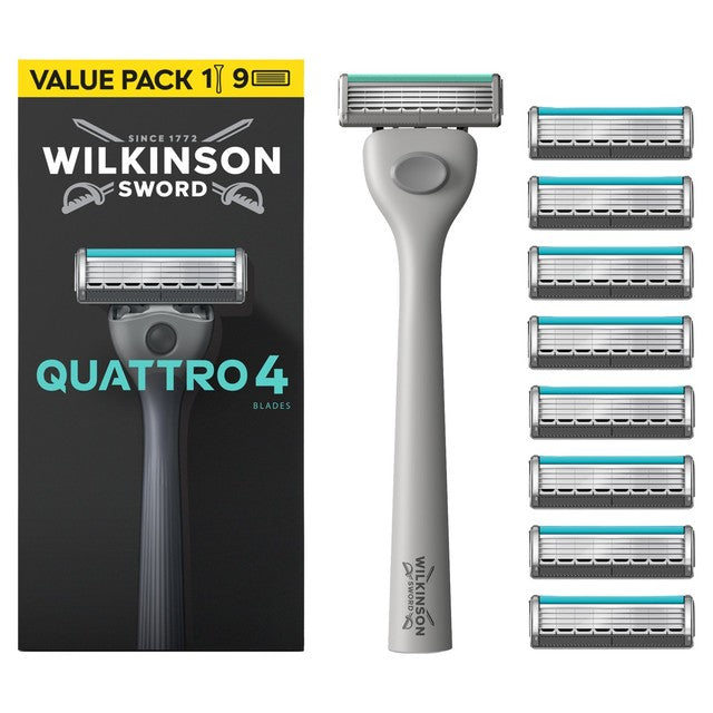 Wilkinson Sword Quattro razor handle with 9 refills, imported from the UK