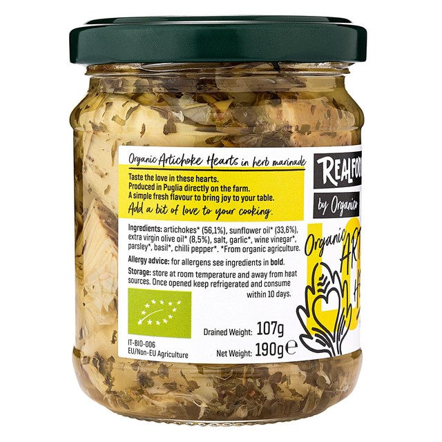 Realfoods artichoke hearts in herb marinade 190g, imported from the UK