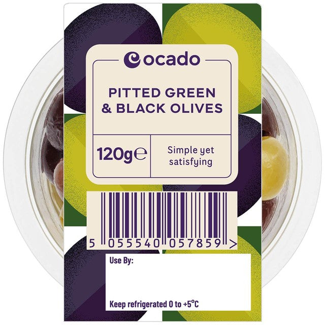 Ocado pitted green and black olives 120g, imported from the UK