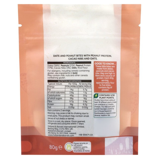 Holland & Barrett Peanut Cacao Bites 80g protein snack, UK version