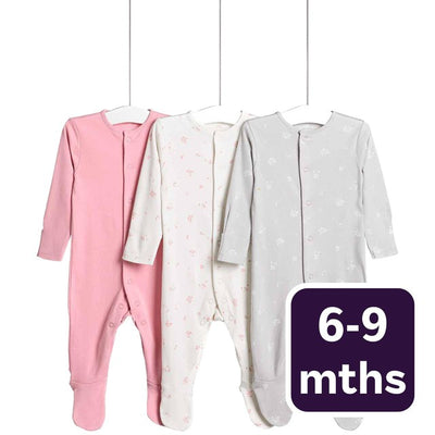 M&S Blumen-Druckknöpfe Schlafanzüge mit Füßen, 3er-Pack, Pink, Baby-Strampler, 6-9 Monate