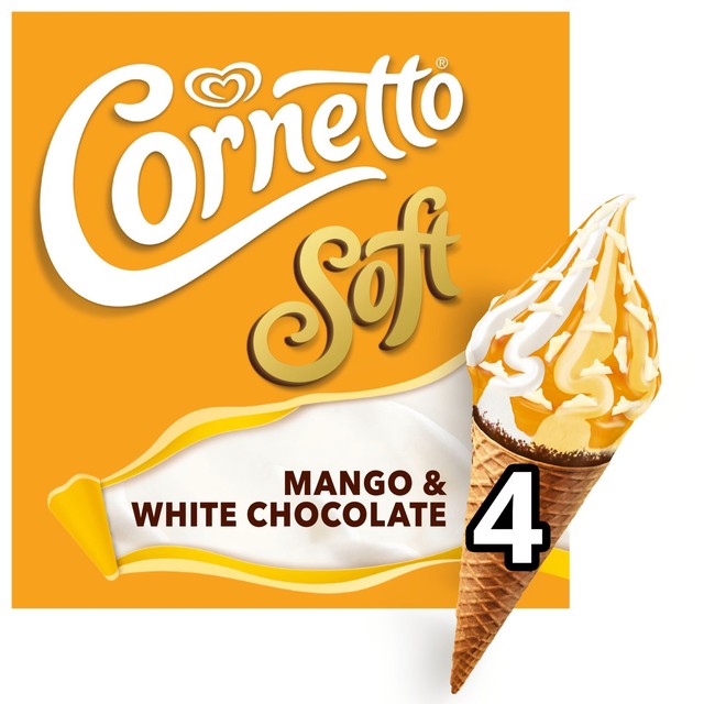 Wall's Cornetto Soft Mango White Chocolate ice cream cones pack of 4 x 140ml - British product