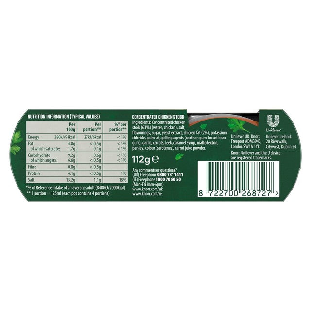 Paquete de cuatro botes de caldo de pollo concentrado Knorr de 28 g cada uno, versión para el Reino Unido.