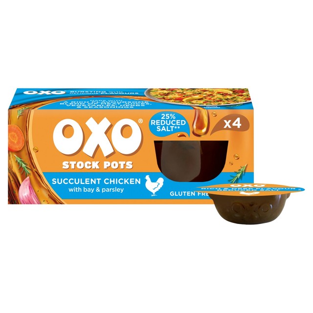 Oxo Reduced Salt Chicken Stock Pots 4x20g, imported from the UK