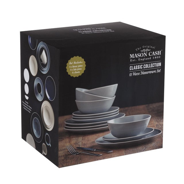 Mason Cash Grey 12 piece stoneware dinner set, imported from the UK