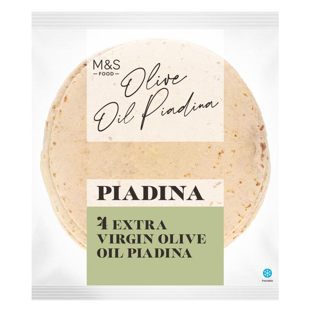 M&S extra virgin olive oil piadina flatbreads 4 pack, imported from the UK
