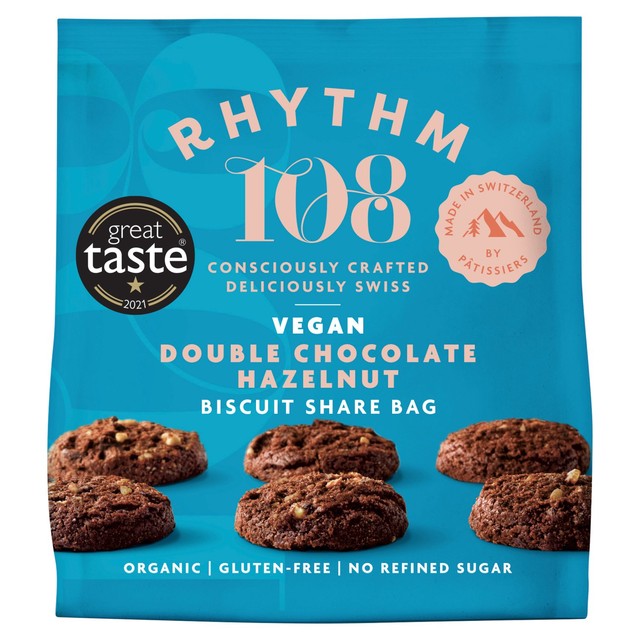 Rhythm 108 vegan double chocolate hazelnut biscuit share bag 135g, imported from the UK