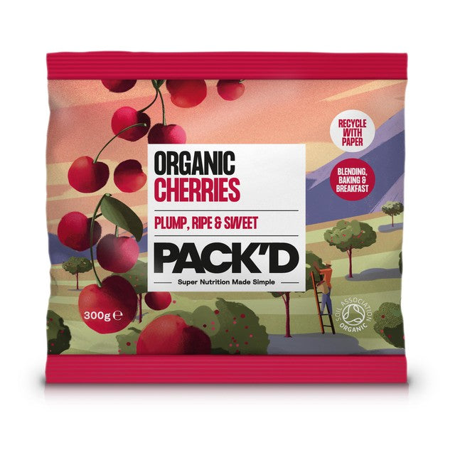 Pack'd organic sweet pitted cherries 300g, imported from the UK