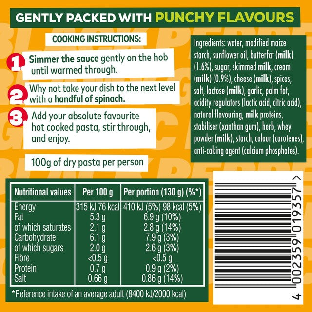 Dolmio Mild Creamy Garlic & Black Pepper pasta sauce 390g - British product
