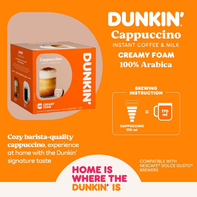 Dunkin cappuccino coffee pods for Dolce Gusto machines - British product