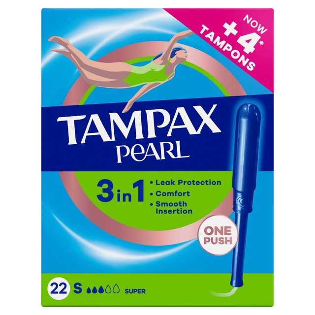 Tampax Pearl Super tampons 22 count, imported from the UK