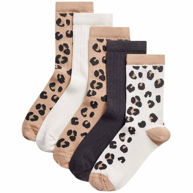 M&S leopard ribbed socks 5 pack size 8.5-12 small - British product