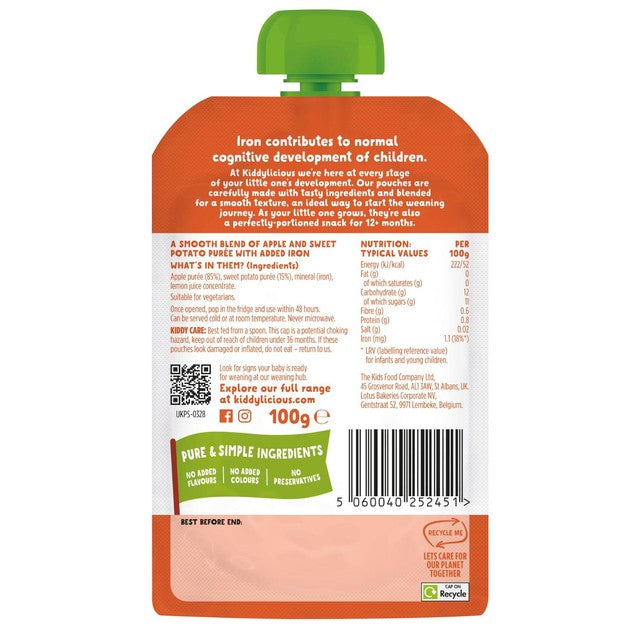 Kiddylicious apple & sweet potato baby food pouch 100g, UK version