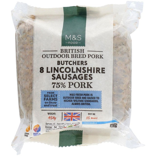 M&S Lincolnshire pork sausages 454g, imported from the UK