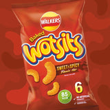 Wotsits Sweet & Spicy Flamin' Hot corn puff snacks 6x16g (British brand)