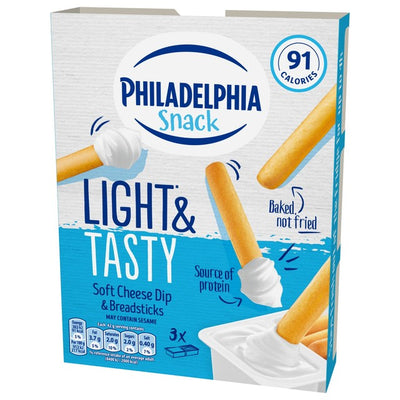 Trempette de fromage à tartiner léger Philadelphia avec bâtonnets de pain, snack 3 x 42g