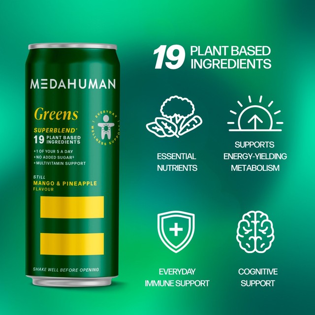 Medahuman Greens Superblend mango and pineapple wellness drink (British brand)