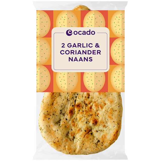 Ocado garlic and coriander naan breads 2 per pack, imported from the UK