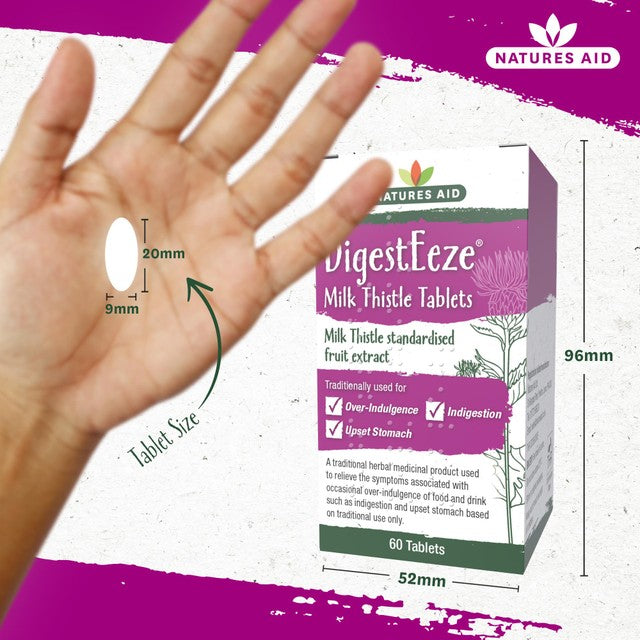 Natures Aid DigestEze milk thistle over-indulgence relief tablets 60 tablets, imported from the UK