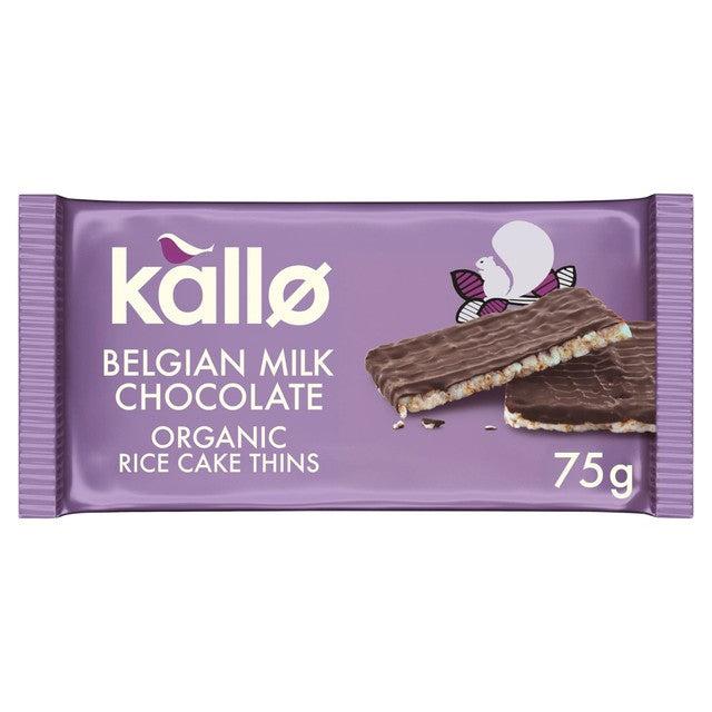 Kallo Belgian Milk Chocolate Organic Rice Cake Thins 75g, UK version