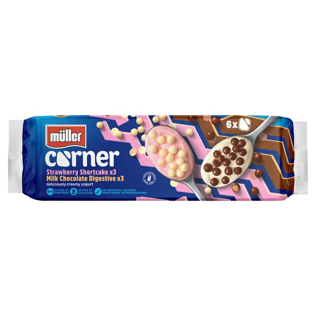Muller Corner Chocolate Digestive and Strawberry Shortcake yogurts 6 x 124g, imported from the UK