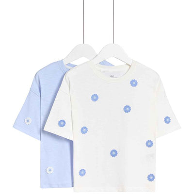 M&S Hauts floraux en pur coton Bleu Hauts pour enfants Lot de 2 Âge 4-5 ans