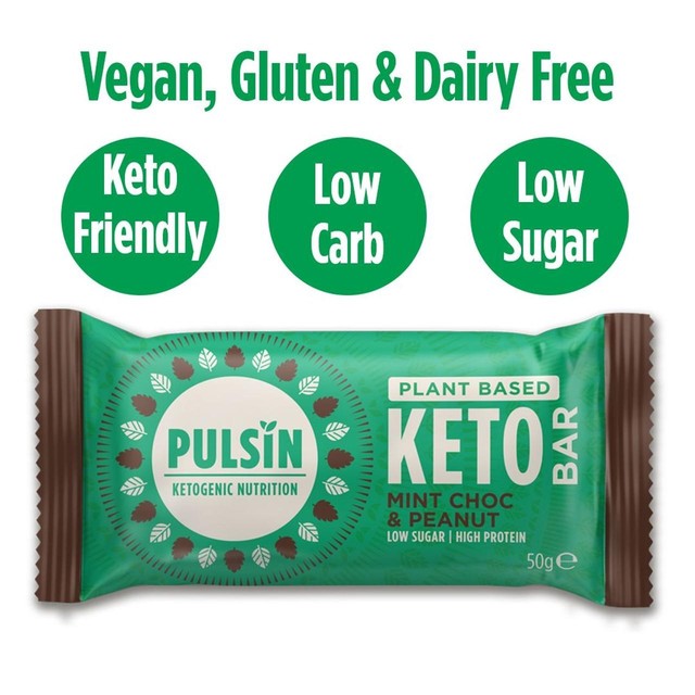 Pulsin Choc Mint Peanut Vegan Keto Bar 50g, imported from the UK