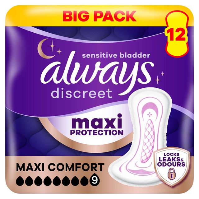 Always Discreet Maxi Comfort incontinence pads 12 count, UK version