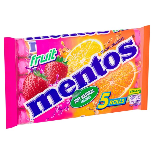 Mentos chewy fruit sweets in strawberry, lemon, and orange flavours 5 x 38g multipack, imported from the UK