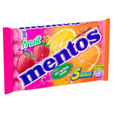 Mentos chewy fruit sweets in strawberry, lemon, and orange flavours 5 x 38g multipack, imported from the UK