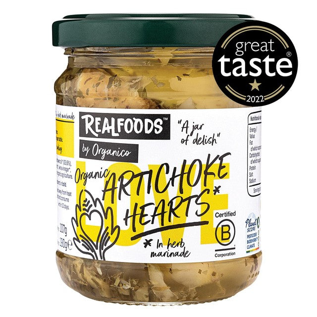 Realfoods artichoke hearts in herb marinade 190g, imported from the UK