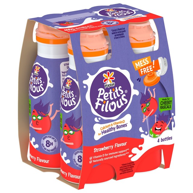 Petits Filous kids strawberry yogurt drink 4 x 100g, imported from the UK