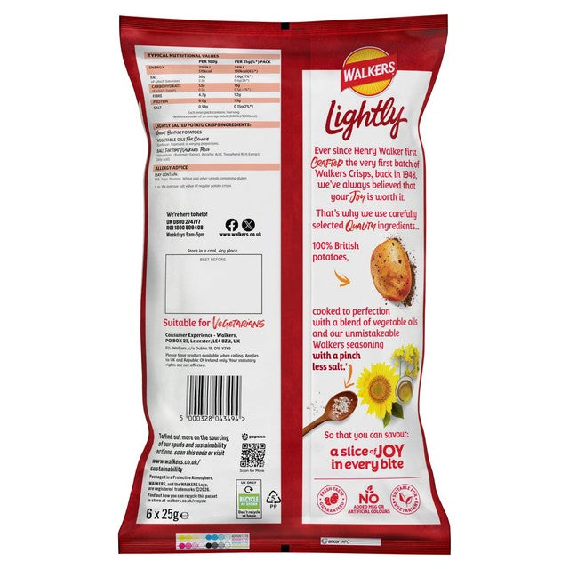 Walkers Less Salt lightly salted crisps 6-pack (British brand)