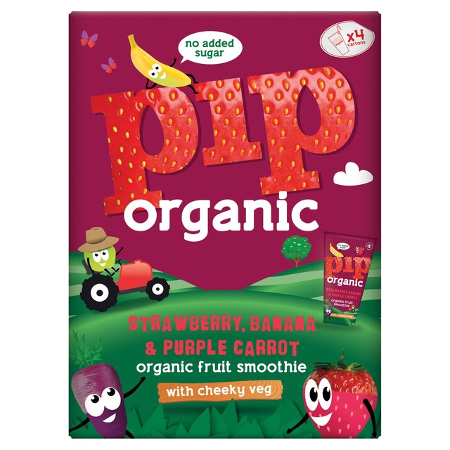 Pip Organic kids smoothie with strawberry, banana, and purple carrot 4 x 180ml, imported from the UK