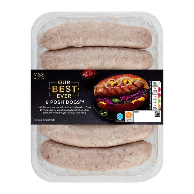 M&S posh dogs pork sausages 540g, imported from the UK