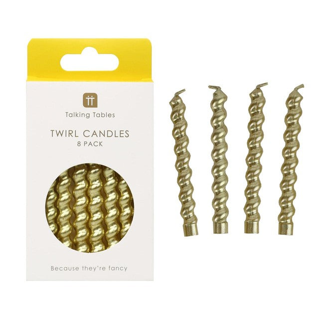 Talking Tables gold twirl birthday candles 8 per pack (British brand)