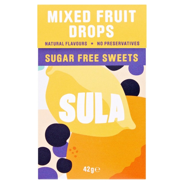 Sula Fruit Mix sugar-free sweets Orange, Lemon & Blackcurrant 42g (British brand)