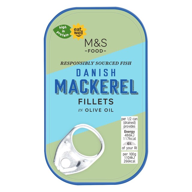 M&S mackerel fillets in olive oil 125g, imported from the UK