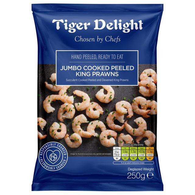Tiger Delight cooked peeled king prawns 250g (British brand)