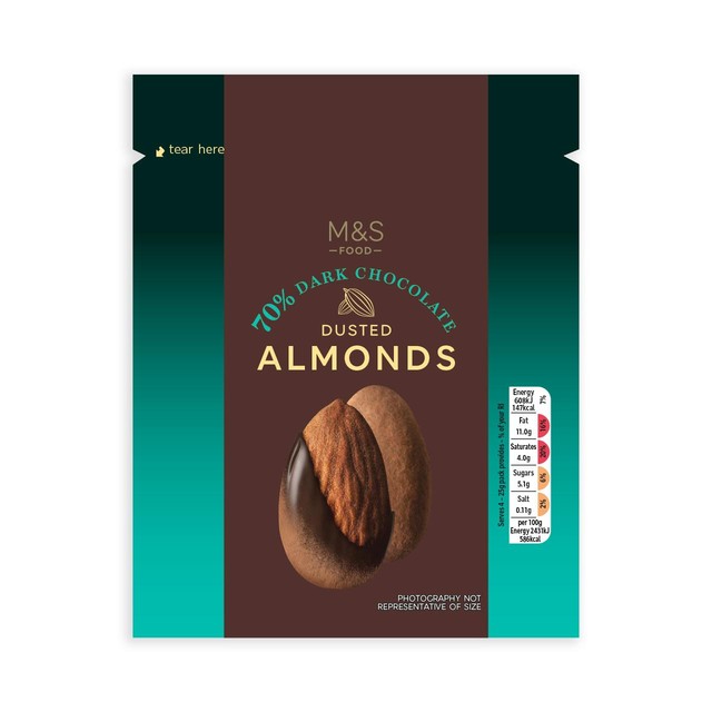 M&S 70% Dark Chocolate Almonds 100g, imported from the UK