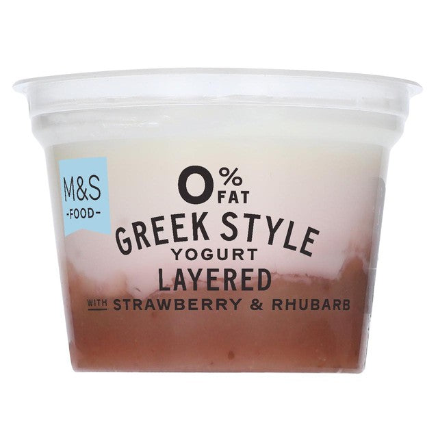 M&S Greek style yogurt strawberry and rhubarb 140g, imported from the UK