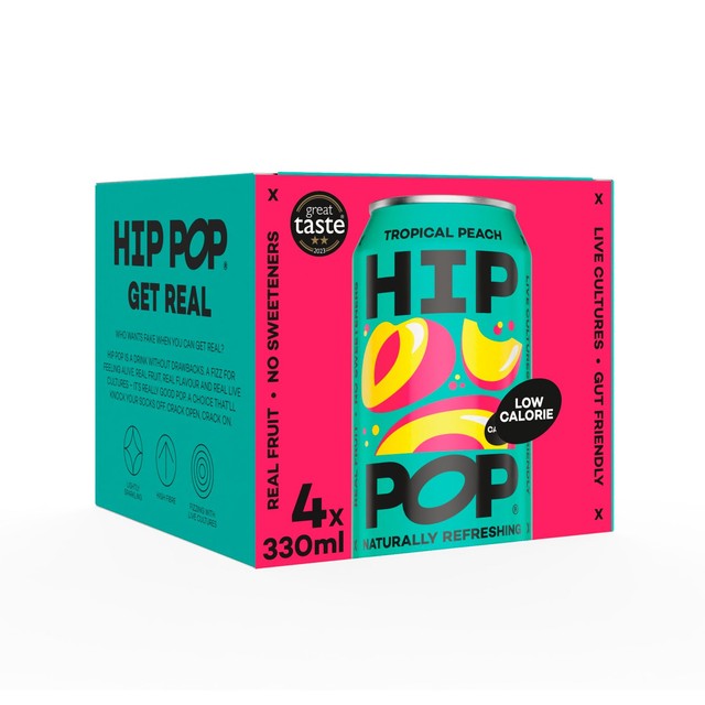 Hip Pop Tropical Peach sparkling fruit drink 4 x 330ml cans, UK version