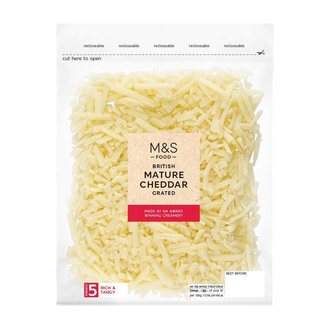 M&S mature grated cheddar cheese 250g, imported from the UK