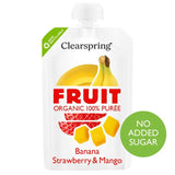Clearspring organic fruit puree banana strawberry mango pouch, UK version